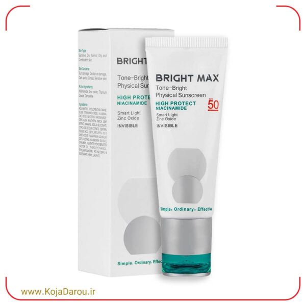 Bright-Max-Physical-Sunscreen-SPF50-Colorless-Tone-Bright-40-ml کرم ضد آفتاب فیزیکال تن برایت SPF50 بی رنگ برایت مکس Bright Max حجم 40 میلی لیتر